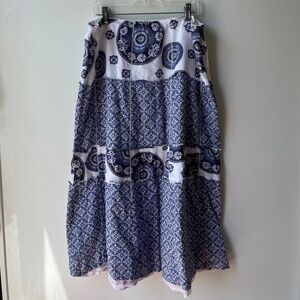 Blue & White Patterned Patchwork Midi Skirt, Eddie Bauer, Size 12